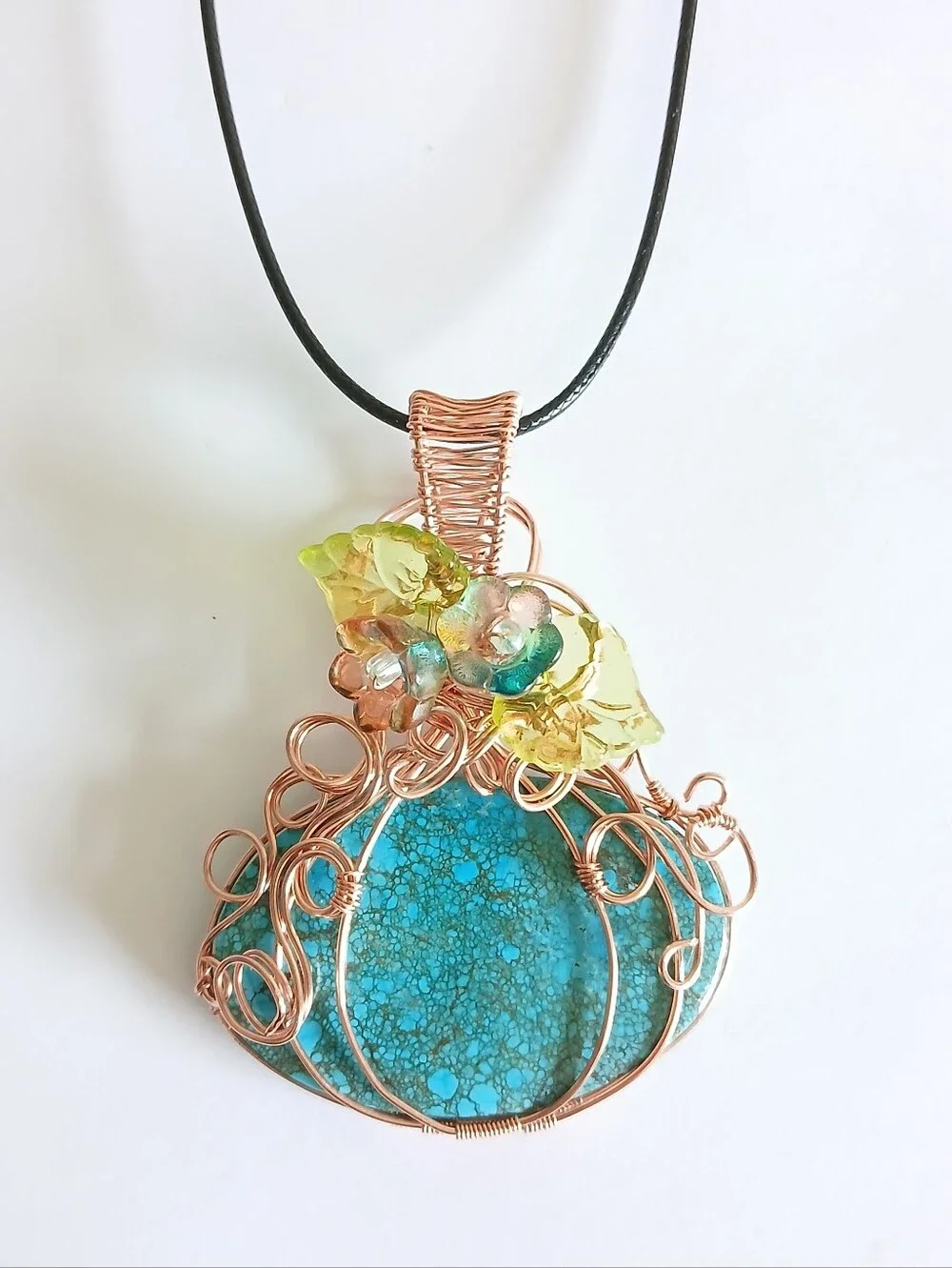 Blue turquoise copper wire wrapped pumpkin necklace with flowers new handmade